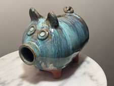 Vintage Studio Art Pottery Piggy Bank Blue Drip Glaze Signed Folk Art Ceramic⁠ picture
