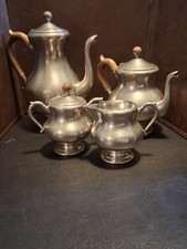 VINTAGE ROYAL HOLLAND PEWTER COFFEE/TEA SET 4PC SET WOOD HANDLES picture