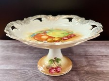 Vintage Hand Painted Porcelain Footed Fruit Compote Gold Trim Reticulated Rim picture