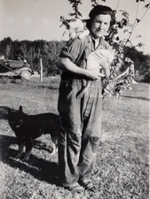 Old Farm Woman Saves Cats from Threatening Shepherd Dog: 1930's Snapshot Photo picture