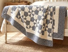 Vintage Blue Calico Pinwheel Patchwork Quilt 96 x 110 Queen King Handmade Cotton picture