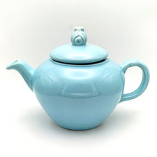 Vintage American Art Pottery Blue Ceramic Teapot Flower Bud Finial Lid USA Aqua picture