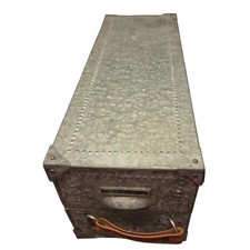 Vintage Galvanized Metal Industrial Storage Box Slanted Lid Leather Handle picture