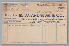 1898 Billhead Philadelphia PA B.W. Andrews & Co. Wholesale Grocer Ephemera picture