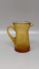 Vintage Mini 3.5” Hand Blown Amber Crackle Glass Handled Pitcher Vase Decoration picture