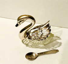 Swan Salt Cellar and Spoon Vintage Silver Plated Crystal Glass Marked Italy picture
