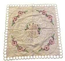 Vintage Praying Hands Doily Table Topper Linen Embroidery Scallop Edge 16”x 17” picture