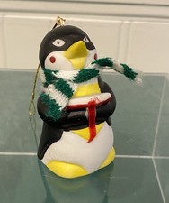 Vintage 1986 BOA Penguin Bell Christmas Ornament Caroler Book Knit Scarf 3” picture