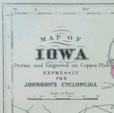 Antique 1885 IOWA Map ~ Authentic Old Original AJ JOHNSON COPPER PLATE picture