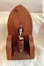 Unique Vintage Carved Wood Sitting Monk in Arched Wood Niche picture