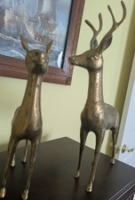 Vintage Large Brass Deer Statuettes Pair Set, Buck & Doe. picture