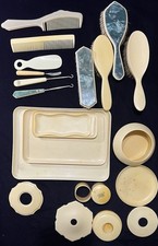 Vintage 1920s Art Deco Celluloid Vanity Dresser Set 21pc Blue Pearl Monogram picture
