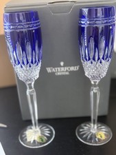 Pair Waterford Crystal Clarendon Cobalt Champagne Flutes 10” NIB-mint condition picture