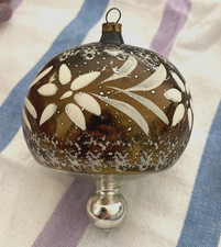 Vtg Christmas Ornament, Mushroom, Gorgeous Brown w/ White Floral & Drop Extraord picture