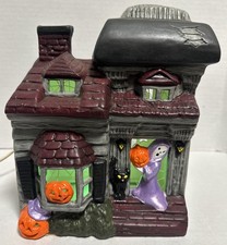 LeFauve Vintage Painted Ceramic Halloween Haunted House Black Cat Ghost Pumpkins picture
