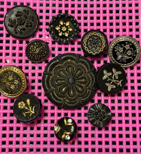 Antique/Vntg lot all FLOWERS Gold & Silver Luster Black Glass Buttons w/signed picture