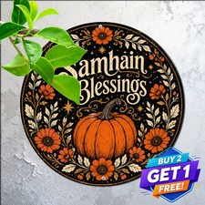 Halloween Pumpkin Samhain Blessings Wiccan Holiday Round Metal Tin Sign Plaque picture