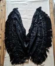 Antique Victorian 1850s 1900s Black Silk Mourning Cape Shawl Fringe Gothic Dark picture