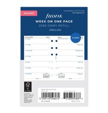 Filofax Week on One Page 2026 Pocket Diary Refill, English, 3.18