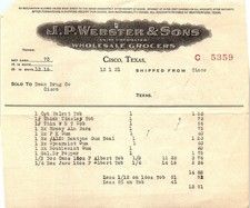 1931 J.P. Webster & Sons Cisco TX Wholesale Grocers Billhead picture