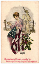 Christmas Greetings Clare Ungell Women with Flag and Soldier c1900s UDB Postcard picture