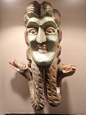 Carved Wooden Mexican Guerrero Mask Medusa Two Snakes Folk Art Wall Hanging picture