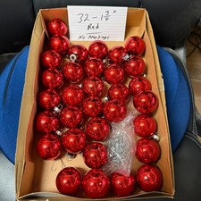 • 32 Vintage Small Shiny Red Glass Christmas Tree Ornaments 1 ¾” - With Hangers picture