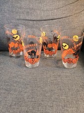 Vintage Libbey Happy Halloween Glasses Set of 4, Black Cat, Pumpkins, Moon, 16oz picture