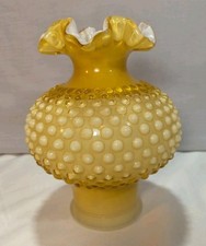 Fenton Honey Amber Hobnail Cased Milk Glass Ruffle Vase Butterscotch Pre '70s 8