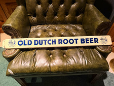 Vintage Old Dutch Root Beer Painted Metal Advertising Sign 33” x 3” Windmill Log picture