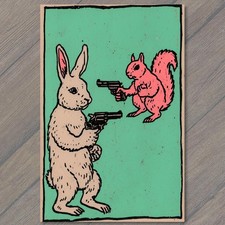 POSTCARD Rabbit Squirrel Duel Turquoise Background Weird Strange Fantasy Dark picture