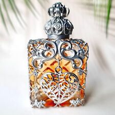 Art Deco Bottle for Perfume Red/Orange Czech Glass Filigree Silver Tone Parfume picture