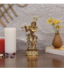 Lord Krishna Gold-Plated Metal Idol Peacock Design 7 x 5 in Pooja Decor Gift picture