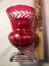 Vase Vtg Ruby Red Cut To Clear  Etched Vine 5.5” Heavy picture