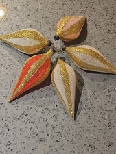 5 Vtg Italian Glass Teardrop Christmas Ornaments Red Pink Gold Glitter Mica 4.5 picture