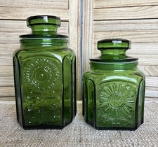 VTG 1960s MCM Wheaton Glass NJ Emerald Green Sunflower Canister Jars 9.5”-7.5” picture
