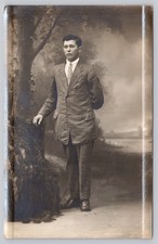 Vintage Early 1900s RPPC Real Photo Postcard Handsome Young Man Wearing Suit picture