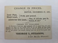 1861 antique GEORGE L STEARNS boston ma LEAD PIPE PRICE LIST trade card 9¢ picture