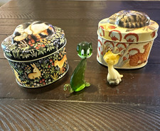 Vintage Metal Cat Trinket Boxes w/ Sleeping Cat Lids, 2 Boxes + 2 Cat Figurines picture