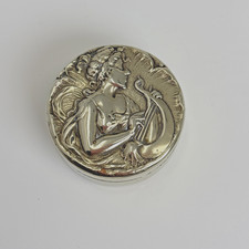 Vintage EPNS Art Nouveau Pill Trinket Box Lady Playing Lyre Harp Music Muse picture