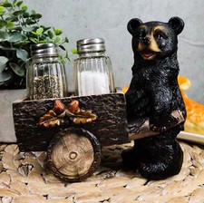Ebros Black Bear Pushing Vintage Wagon Cart Salt And Pepper Shakers Holder Set picture