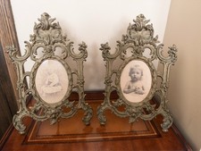 Pair Antique Ornate Metal Picture Frames Gold Gilt Rococo Oval Easel Mold #541 picture