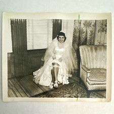Vintage 50s Black & White Wedding Portrait of Pretty Bride Garter Leggy picture