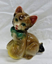Vintage Ceramic Green Eye Kitty Cat Kitten With Yarn Figurine Royal Copley picture