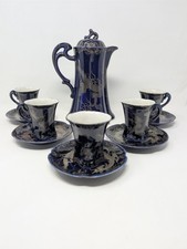 GILDED SILVER Vintage 12 pc CHOCOLATE POT Set Cups DRAGON Cobalt Porcelain JAPAN picture