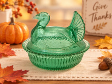 Vintage Kemple Green Glass Turkey on Nest Covered Dish 5.5” Mid Century picture