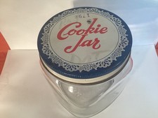 VINTAGE HOOSIER CLEAR GLASS COOKIE JAR RE-USE AFTER USE ORIGINALLY HELD???? HA picture