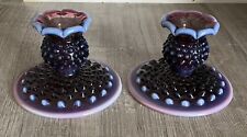 VINTAGE PAIR OF FENTON PLUM HOBNAIL OPALESCENT ART GLASS CANDLE STICK HOLDERS picture