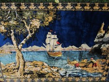 VTG~Italy~Wall Hanging Tapestry~Velvet/Cotton~Clipper Ship/BLUESea/Shore~4' x 6' picture