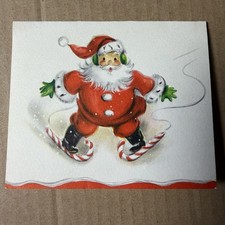 Vintage 1940s Hallmark Christmas Card Santa Candy Cane Skates Whimsical Kitsch picture